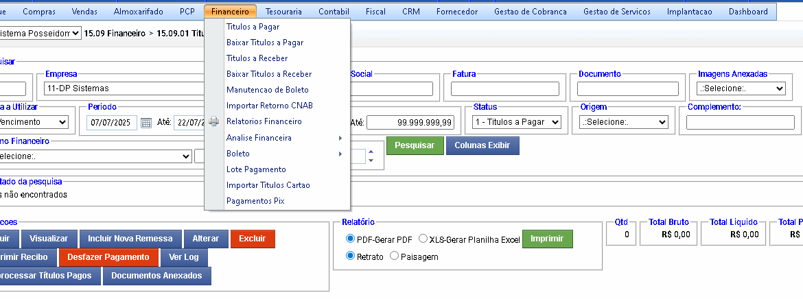 Sistema para Controle Financeiro aberto em seu módulo de finanças
