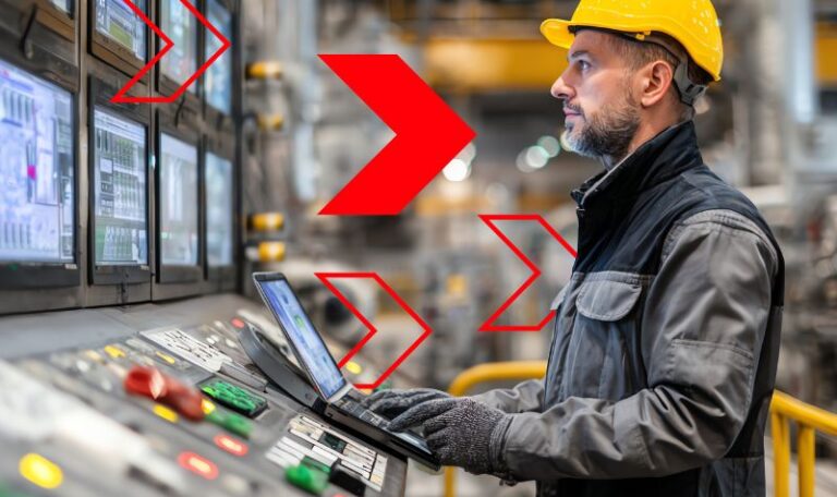 Profissional da indústria monitora painéis e sistema de fábrica em tempo real, representando o Planejamento e Controle da Produção para garantir eficiência operacional, controle de processos e tomada de decisão baseada em dados.