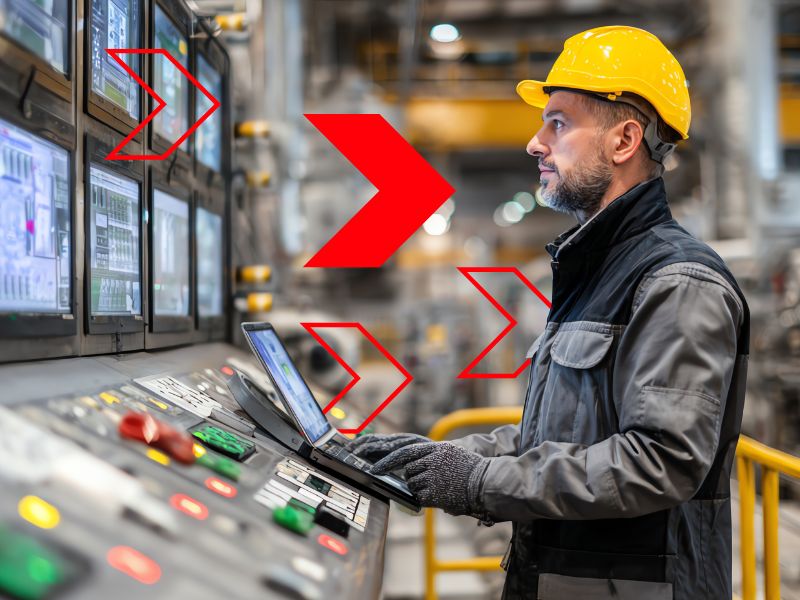 Profissional da indústria monitora painéis e sistema de fábrica em tempo real, representando o Planejamento e Controle da Produção para garantir eficiência operacional, controle de processos e tomada de decisão baseada em dados.