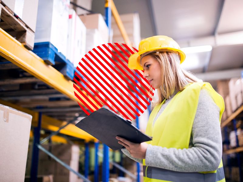 Profissional realiza conferência de produtos em estoque com prancheta em armazém, representando o controle e a análise do giro de estoque para reduzir excessos, evitar rupturas e melhorar a eficiência operacional.