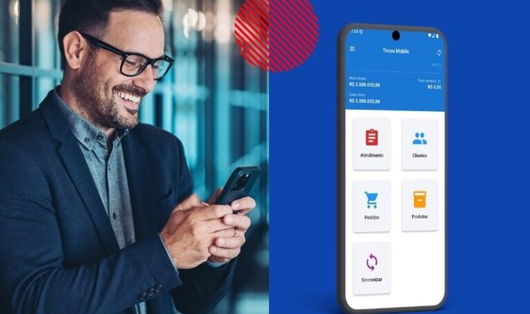 Profissional utiliza smartphone ao lado da interface do aplicativo Teseu, representando a gestão de pedidos, clientes e vendas externas com mobilidade e integração em tempo real ao ERP da empresa.