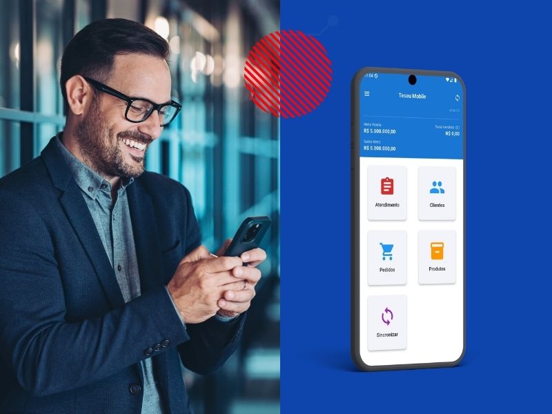 Profissional utiliza smartphone ao lado da interface do aplicativo Teseu, representando a gestão de pedidos, clientes e vendas externas com mobilidade e integração em tempo real ao ERP da empresa.