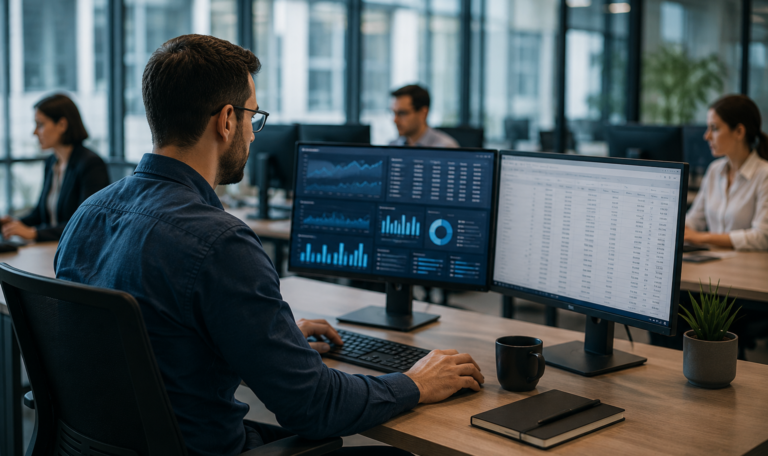 Profissional monitora dashboards e relatórios em múltiplas telas no escritório, representando o uso de dados em tempo real para acompanhar indicadores, aumentar o controle operacional e apoiar decisões estratégicas.